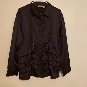 Black silk blouse what with draw string bowties in front size 14 size